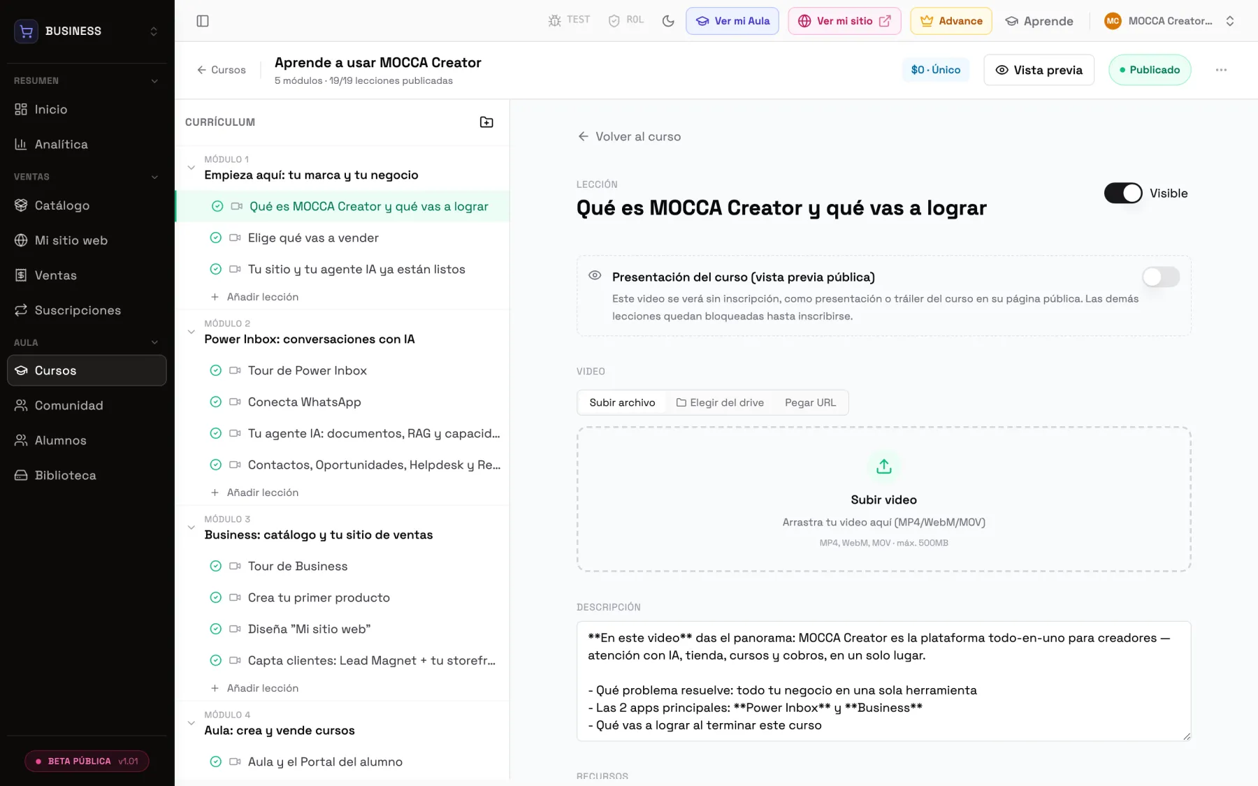 Editor de cursos de Mocca