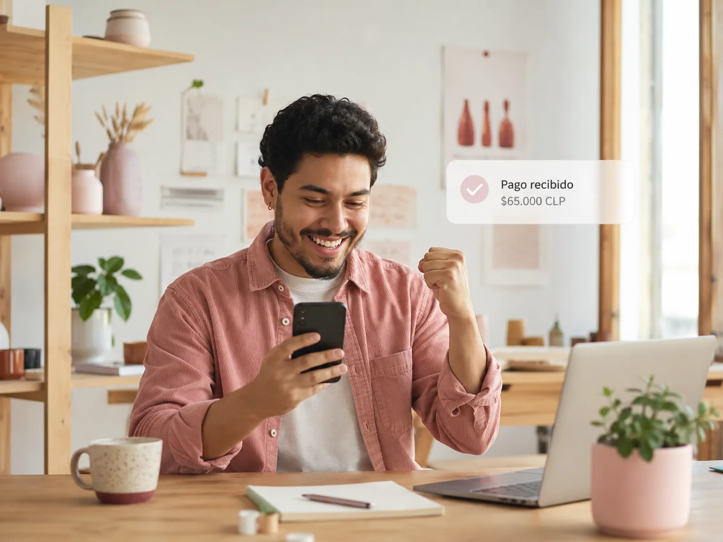 Un creador mira su teléfono y celebra la notificación de un pago recibido